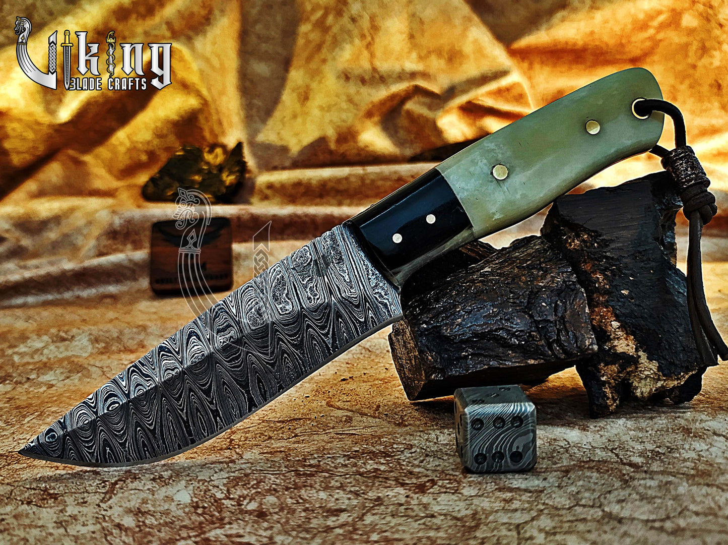 Damascus Steel Hunting Knife With Stained Bone & Buffalo Horn Handle