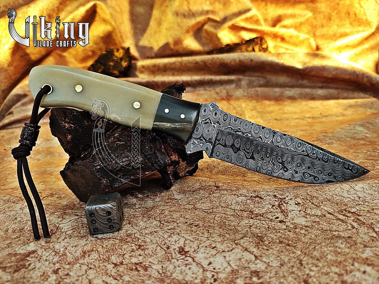 Damascus Fixed Blade Hunting Knife With Stained Bone & Buffalo horn Handle