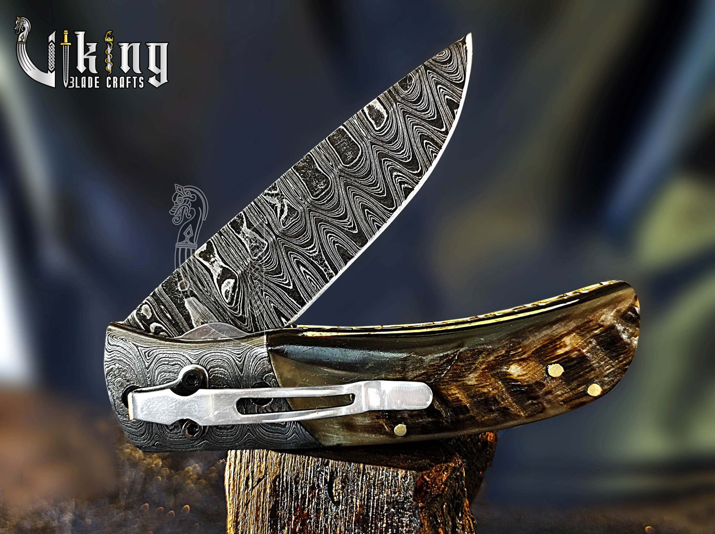 Forged Damascus Steel Folding Pocket Knife with Ram Horn Handle & Clip