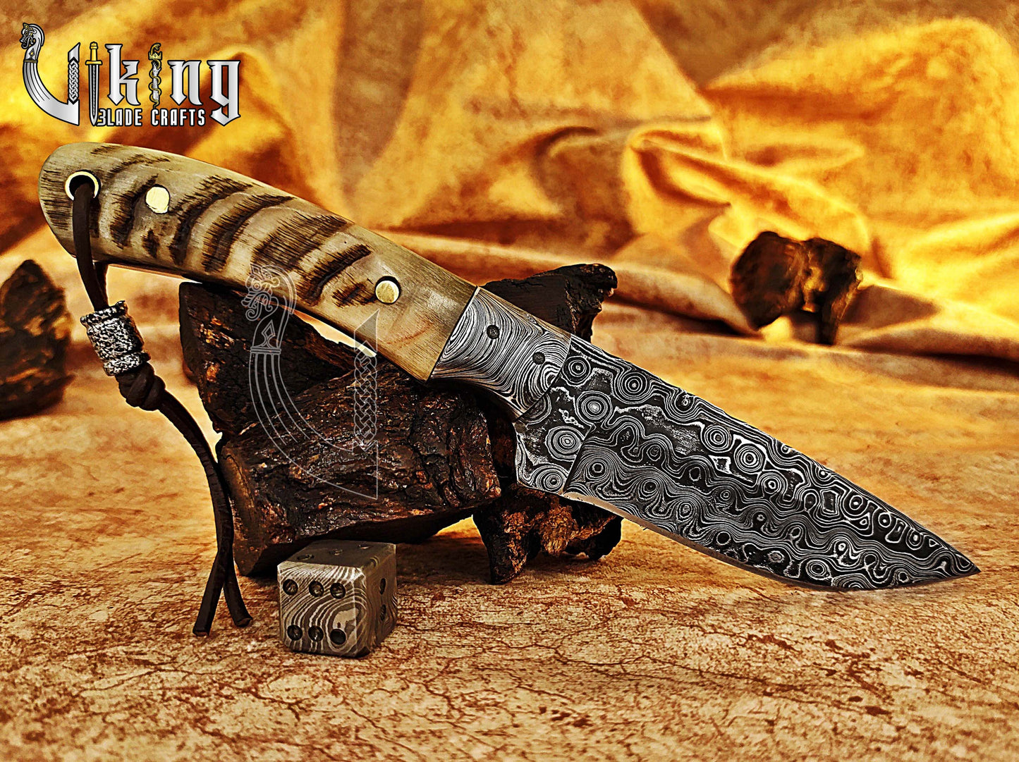 Damascus Steel Hunting & Camping Knife & Ram Horn Handle With Bolster