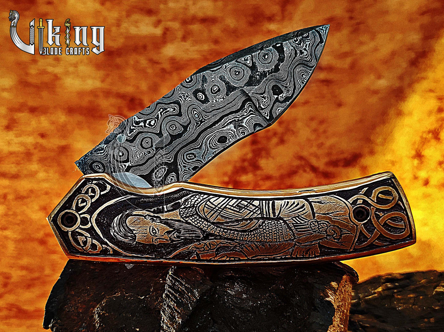 Forged Damascus Steel Folding Pocket Knife With Ragnar Lothbrok Carved Handle