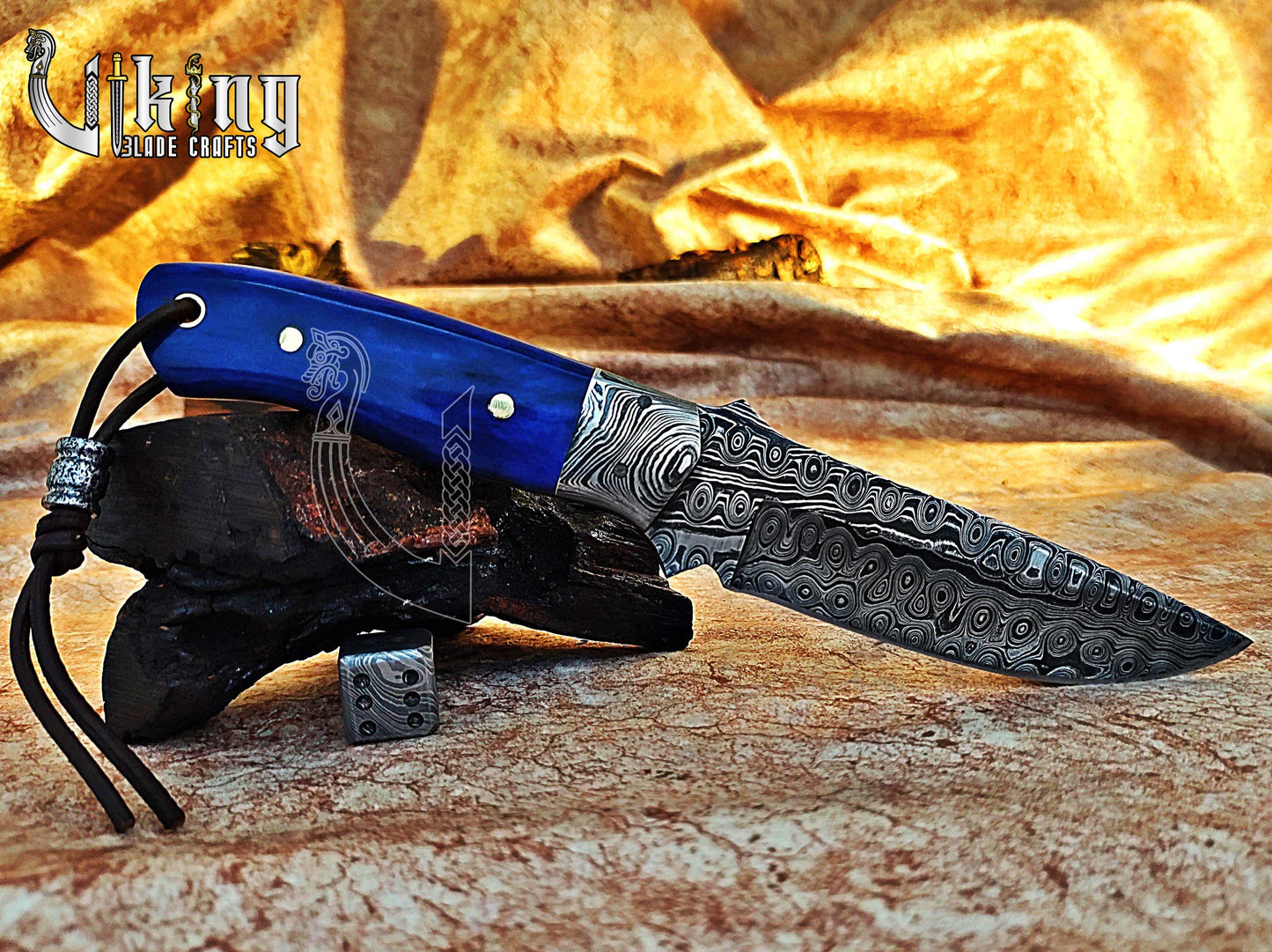 Handmade Damascus Hunting Knife With Stained Bone Handle & Bolster