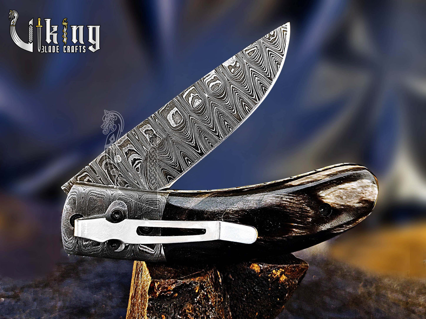 Damascus Folding Knife with Buffalo Horn Handle & Damascus Steel Clip