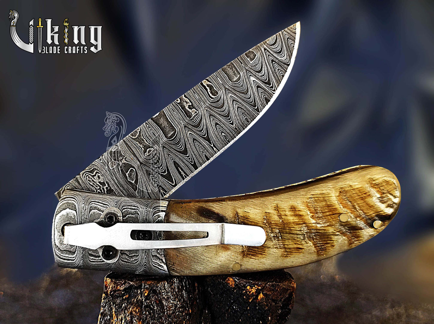 Hand-Forged Damascus Steel Blade with Ram Horn Handle & Easy Lock Folding Knife