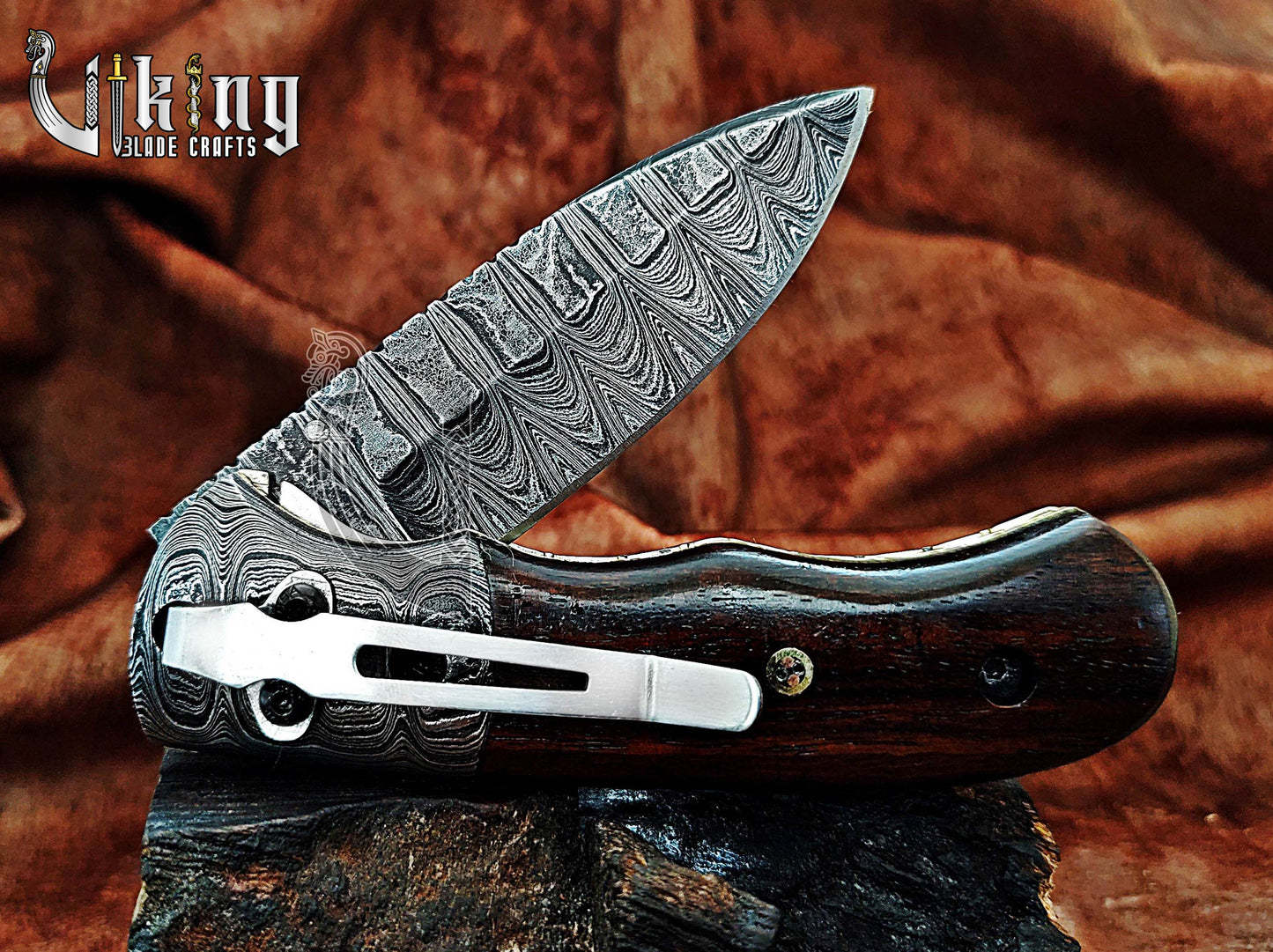 Hand-Forged Damascus Steel Folding Knife with Rosewood Handle