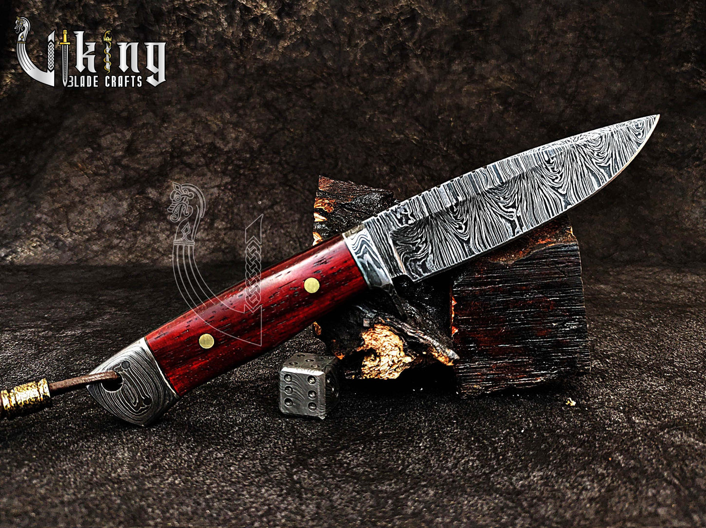 Damascus Steel Fixed Blade Bloodwood & Guard With Leather Sheath
