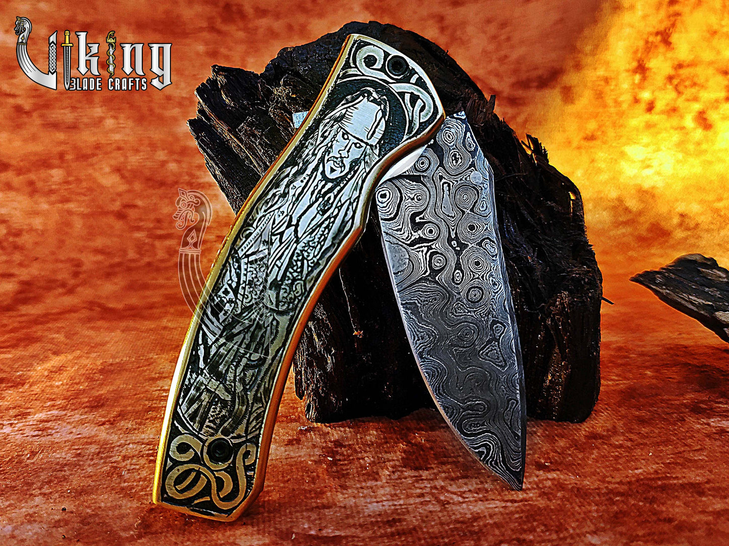 Damascus steel folding knife with Pirates of the Caribbean carved handle