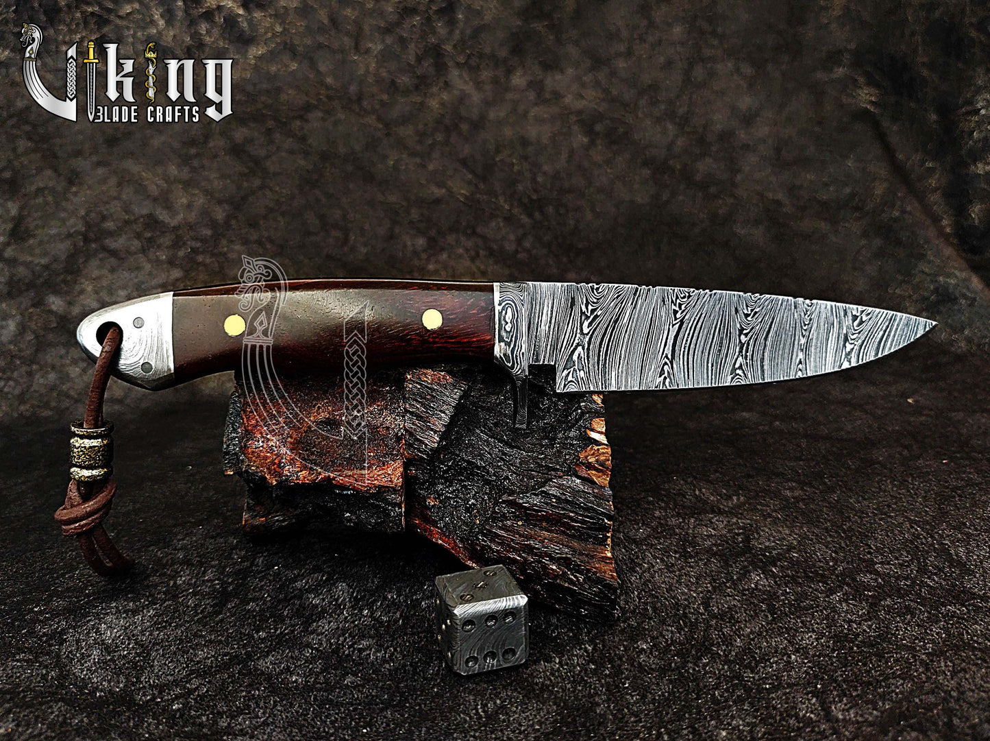 Damascus Fixed Blade Knife with Rosewood Handle & Damascus Guard & Bolster
