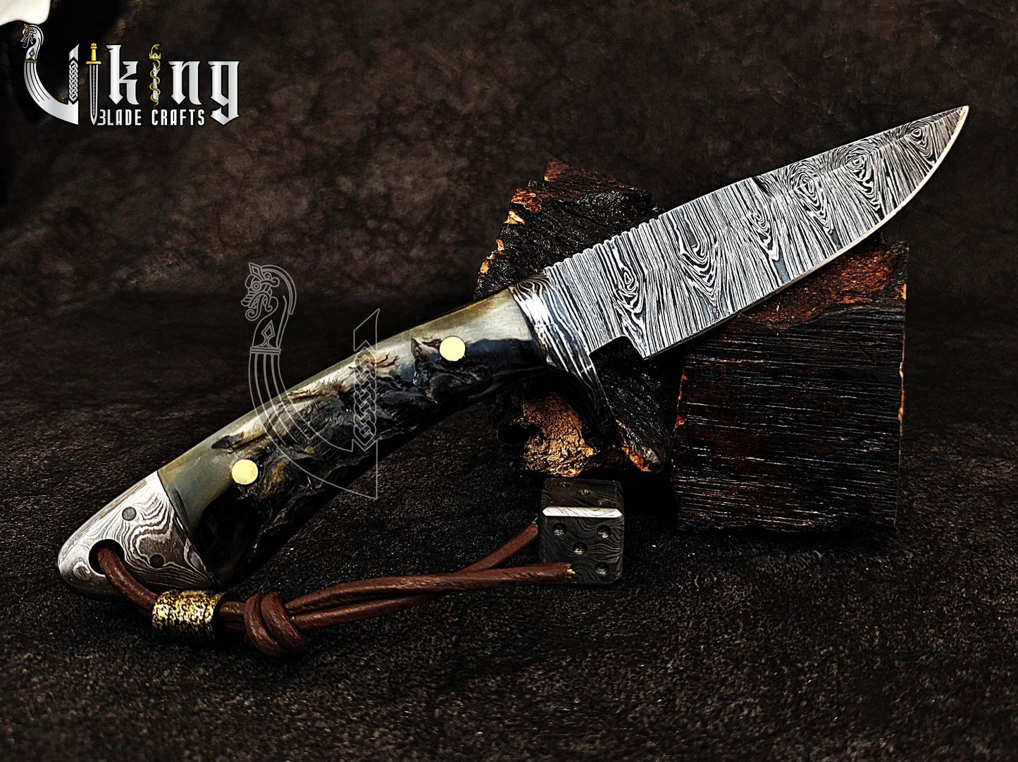Handmade Damascus Steel Ram Horn Fixed Blade Hunting Knife
