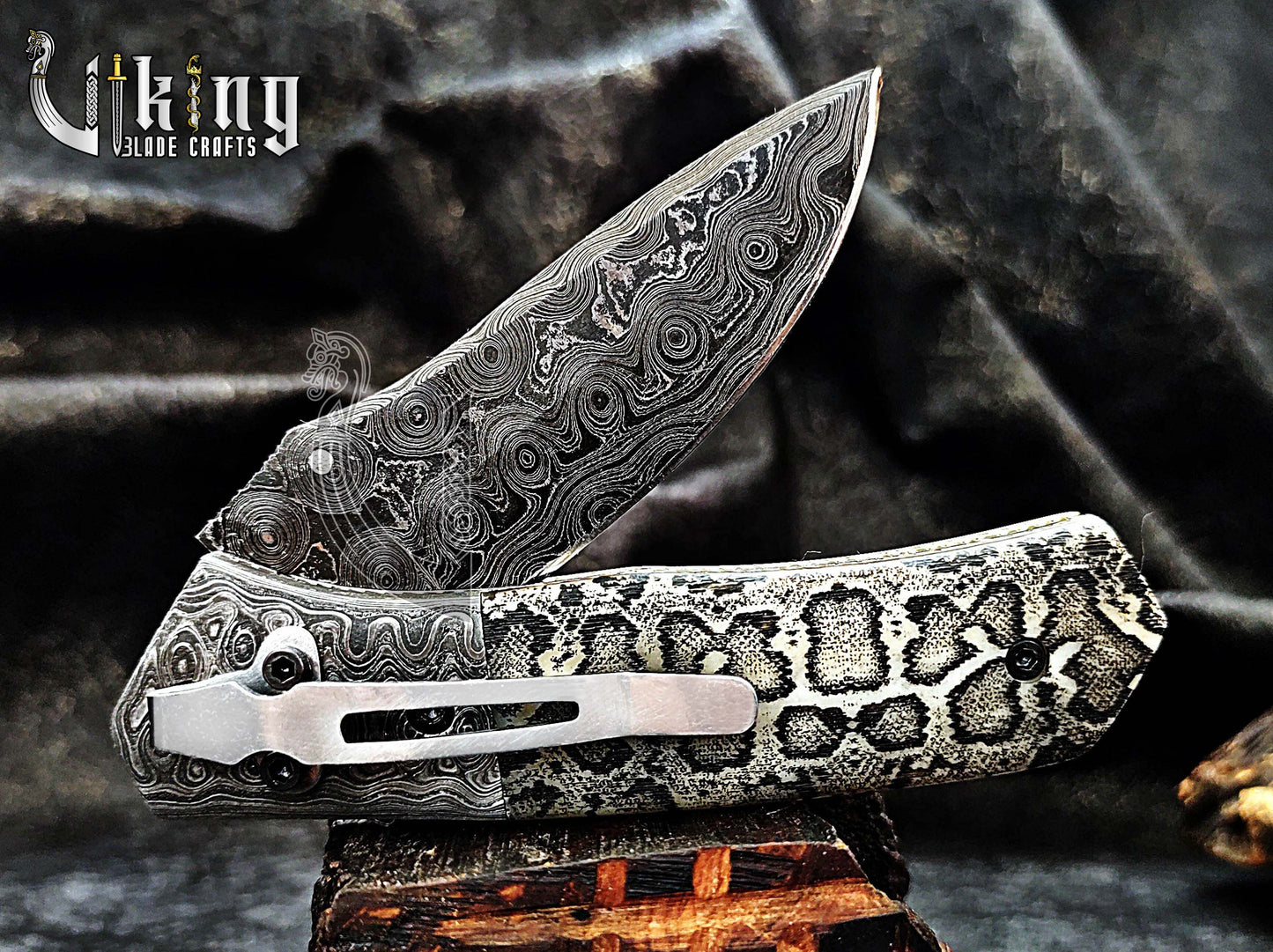 Damascus Steel Folding Pocket Knife With Damascus Clip and Bone Handle