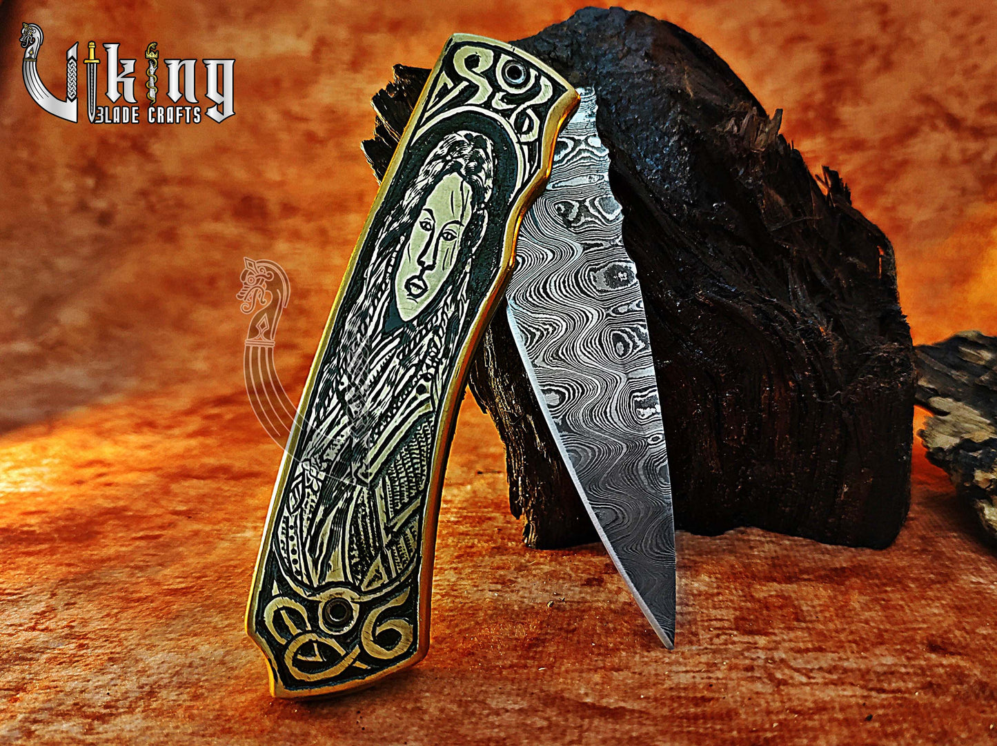 Hand-forged Damascus steel Pocket Folding knife with Queen Lagertha carving handle