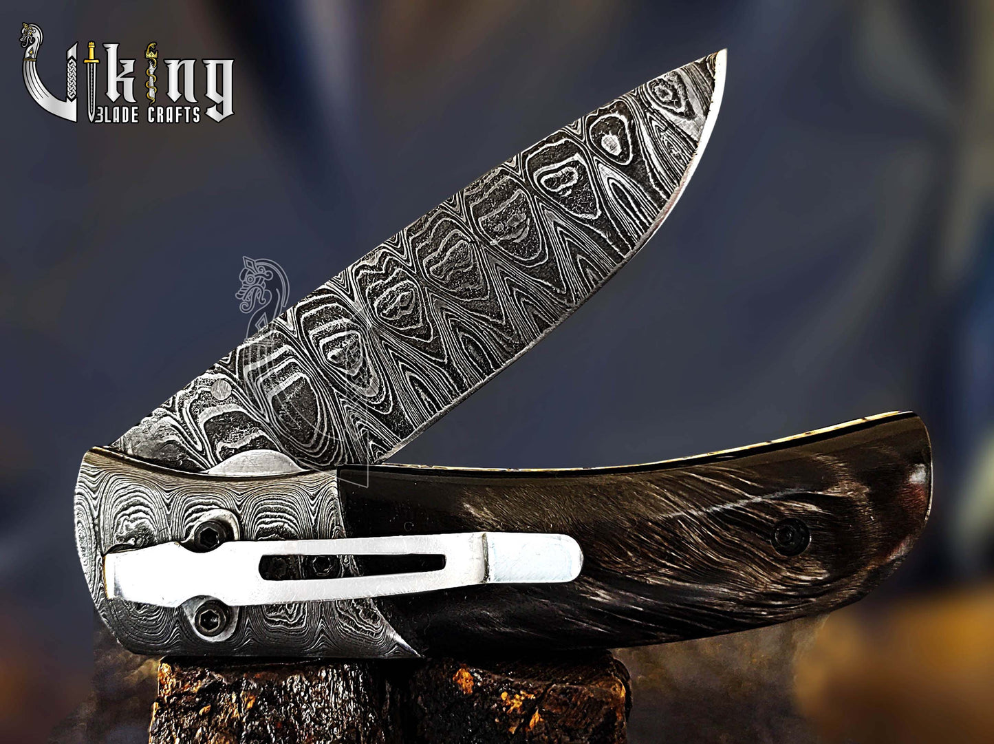 Hand-Forged Damascus Pocket Folding Knife w/ Buffalo Horn Handle & Clip