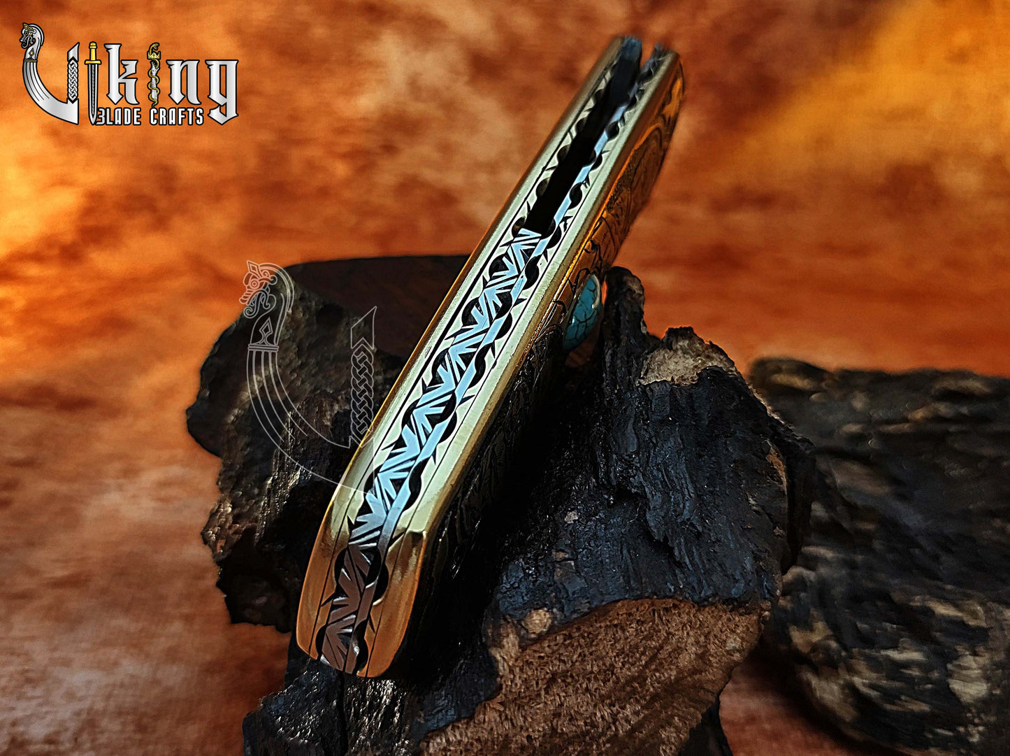 Forged Damascus Steel Blade Knife with Viking Floki Carved Handle.