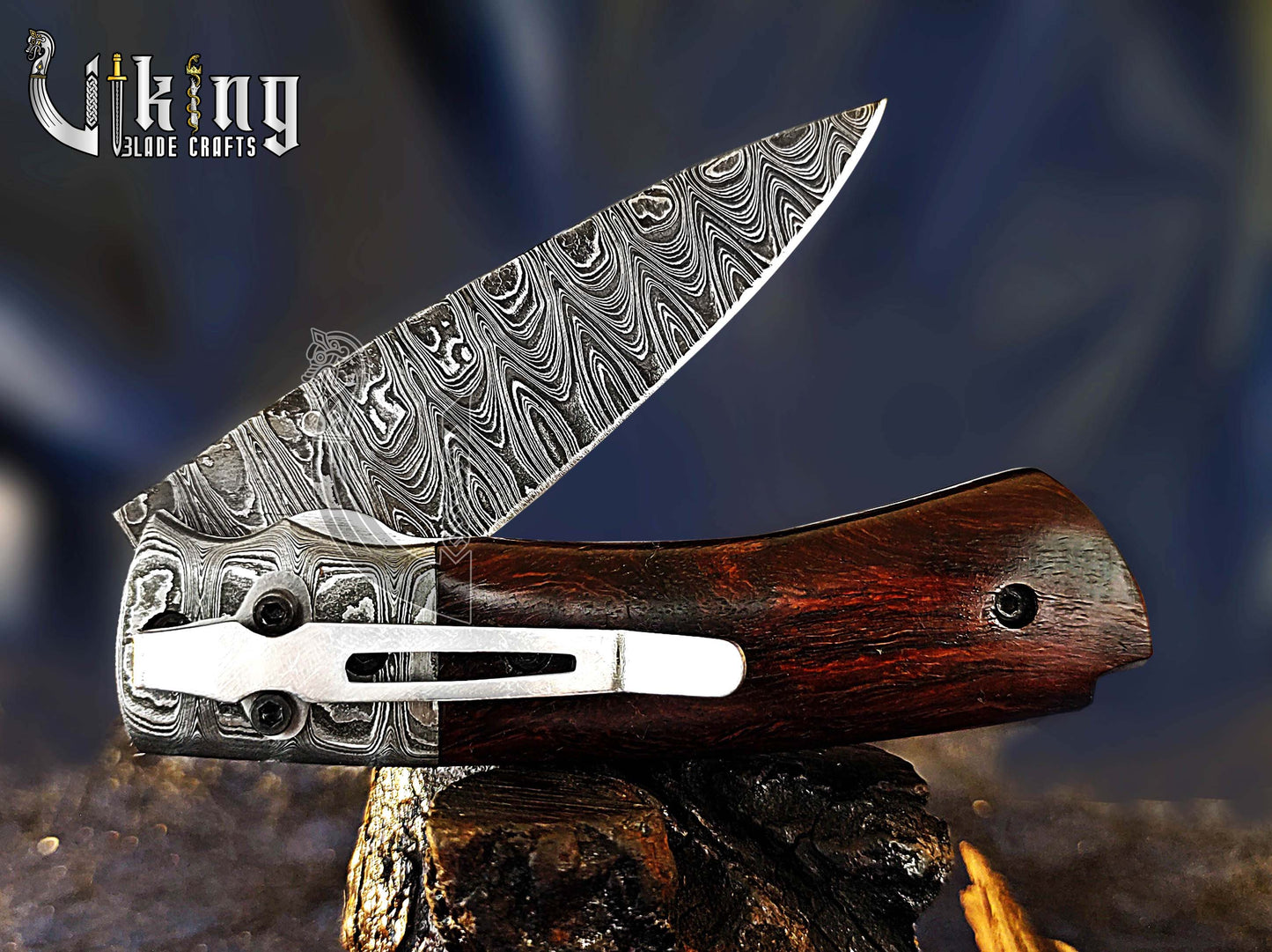 Handmade Damascus Folding Knife with Rosewood Handle & Pocket Clip