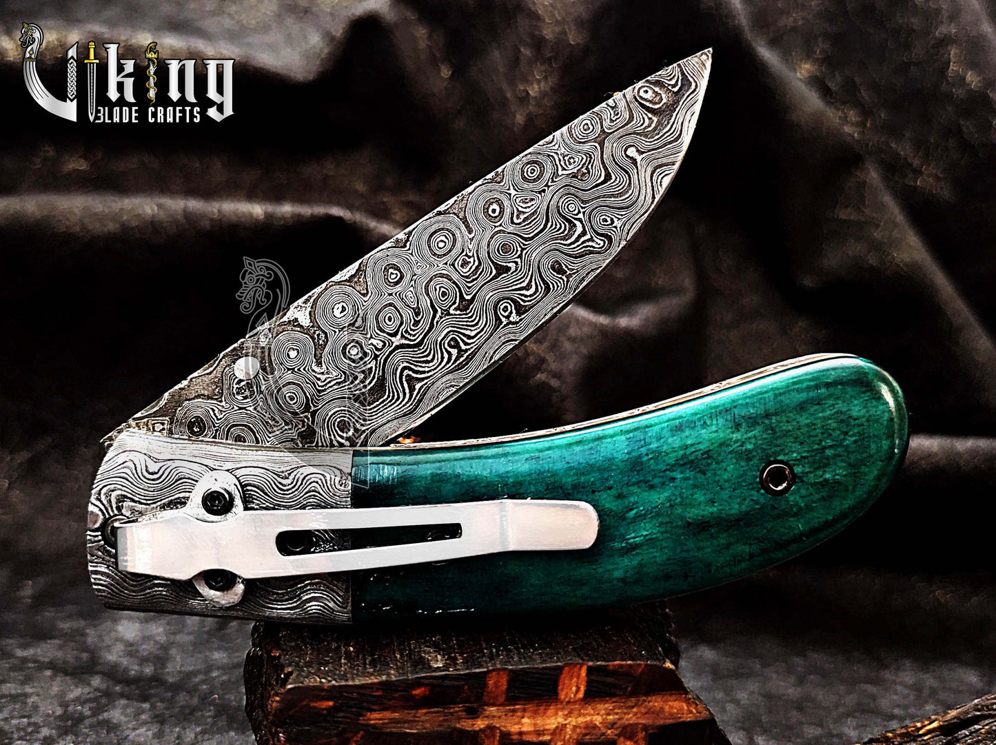 Handmade Damascus Folding Knife with Stained Bone Handle & Clip