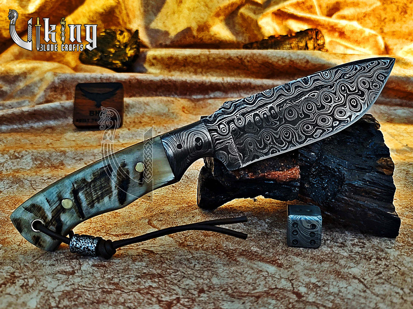 Forged Damascus Steel Hunting Knife Ram horn Handle & Damascus Bolster