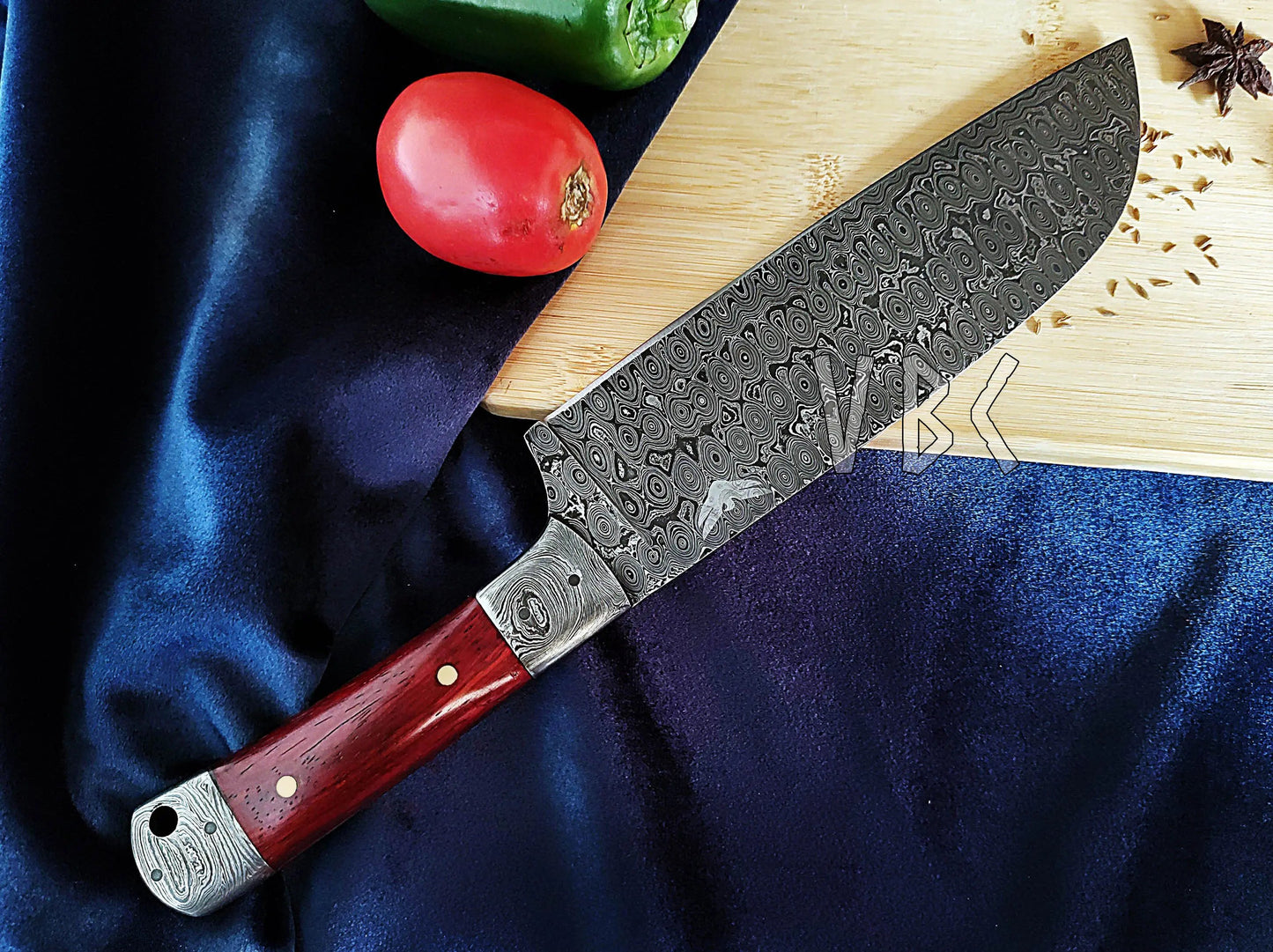 Damascus Chef Knife | Red Blood Wood Handle | Damascus Guard & Bolster Viking_Blade_Crafts