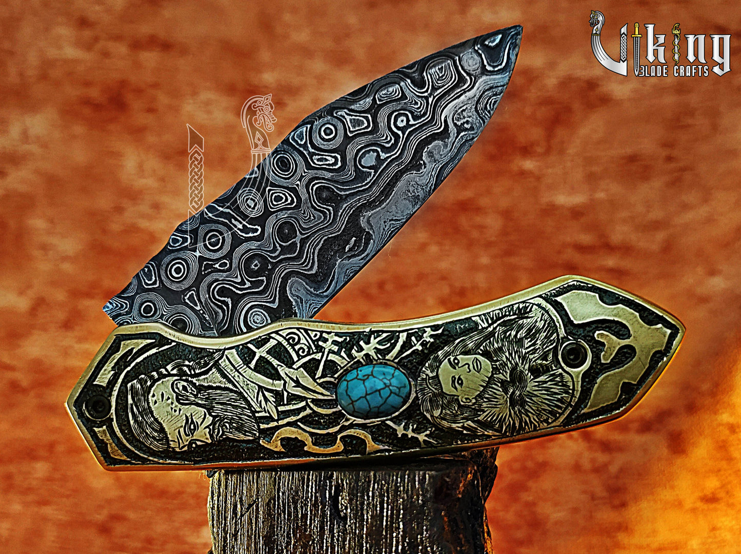 Handmade Damascus Folding Knife Shieldmaiden Lagertha & Ragnar Lothbrok Carved Handle Folding Knife