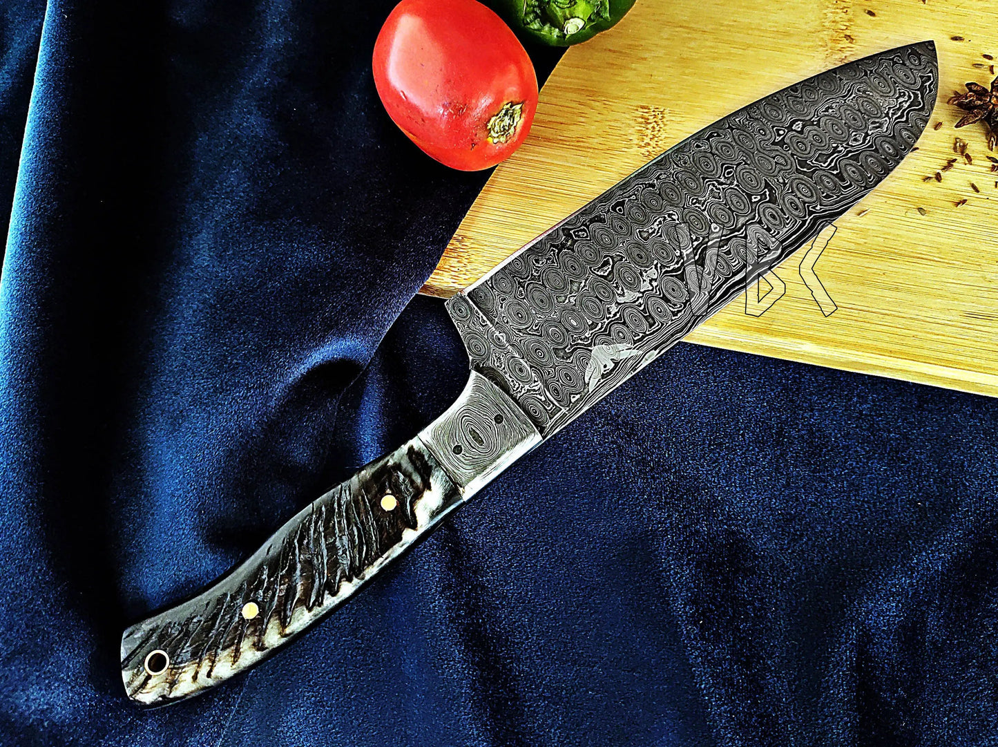 Damascus Steel Chef Knife With Rain Drop Pattern & Ram Horn Handle Viking_Blade_Crafts