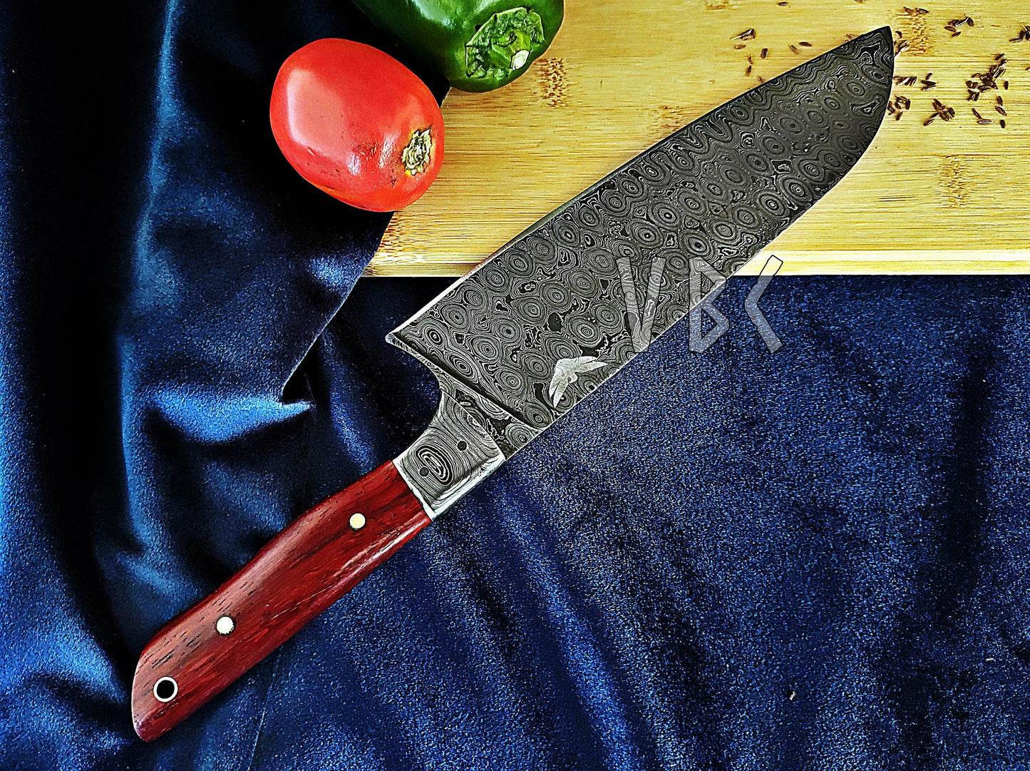 Forged Damascus Chef Knife With Red Blood Wood & Damascus Bolster Handle Viking_Blade_Crafts