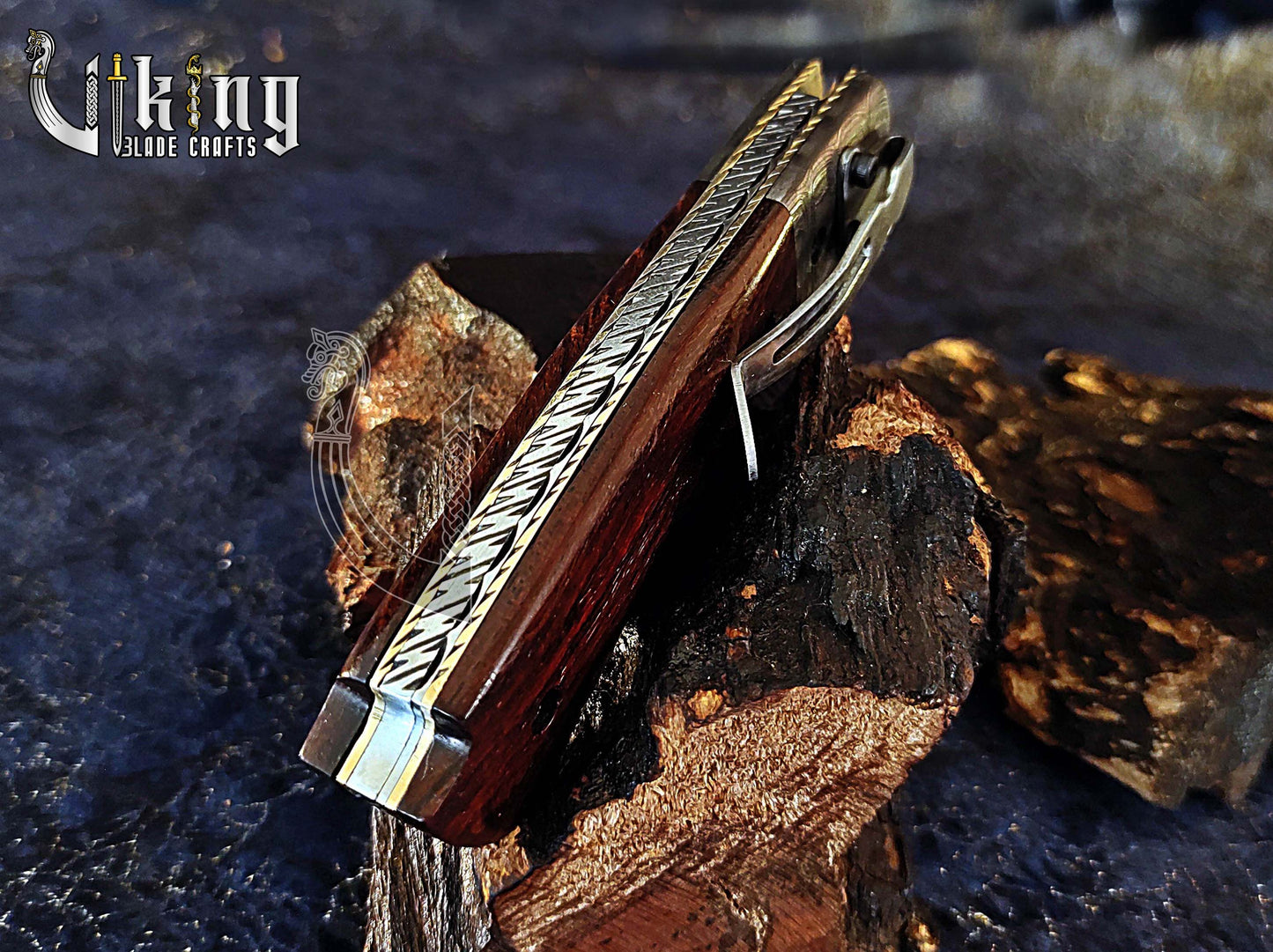 Handmade Damascus Folding Knife with Rosewood Handle & Pocket Clip