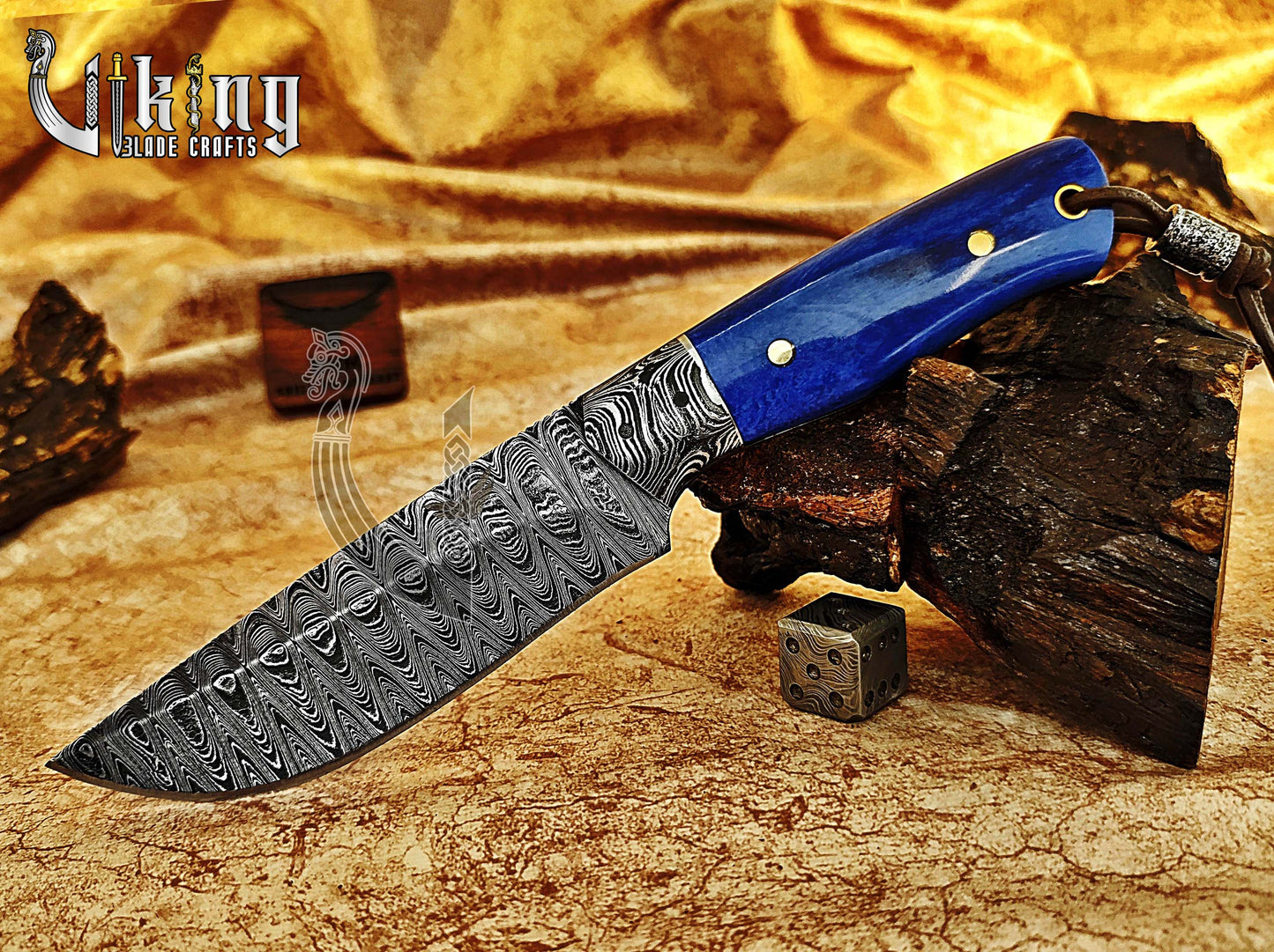 Damascus Steel Hunting Knife With Stained Bone Handle With Sheath