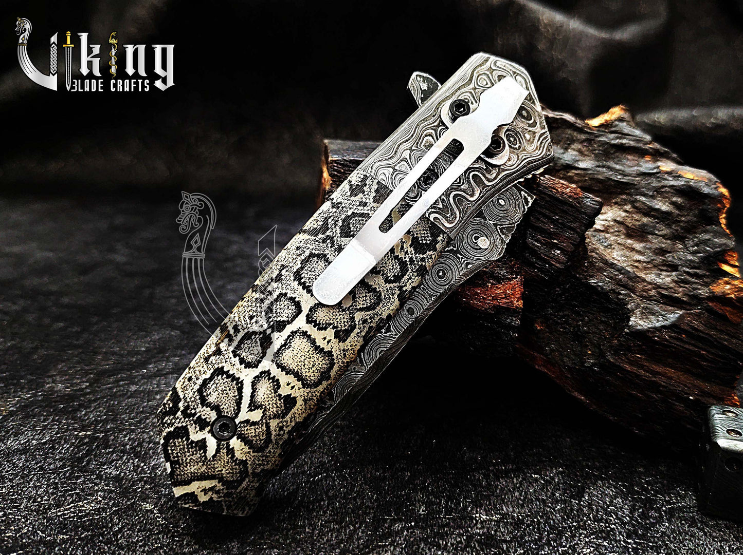 Damascus Steel Folding Pocket Knife With Damascus Clip and Bone Handle