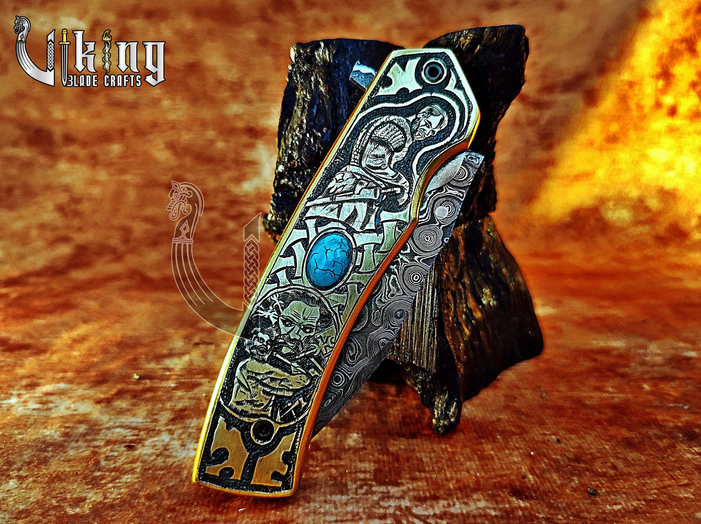 Damascus Steel Blade Folding Knife with Viking Floki-Inspired Carving Handle