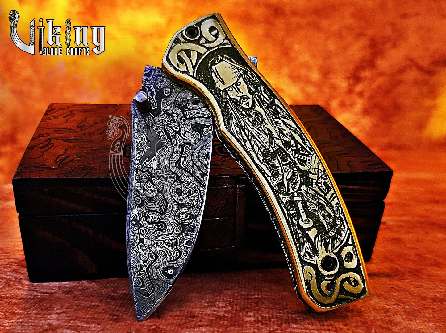 Damascus steel folding knife with Pirates of the Caribbean carved handle