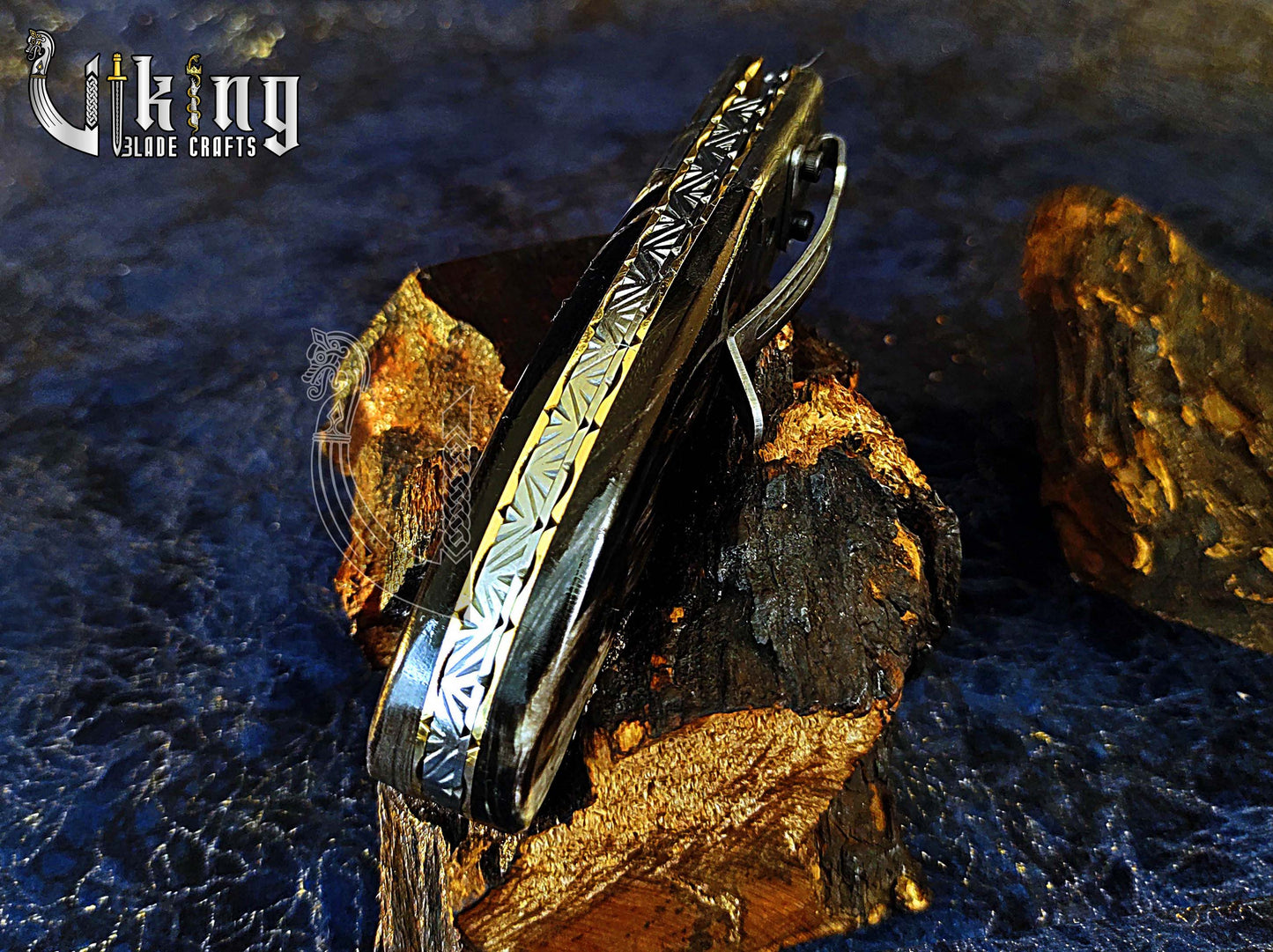 Damascus Folding Knife with Buffalo Horn Handle & Damascus Steel Clip