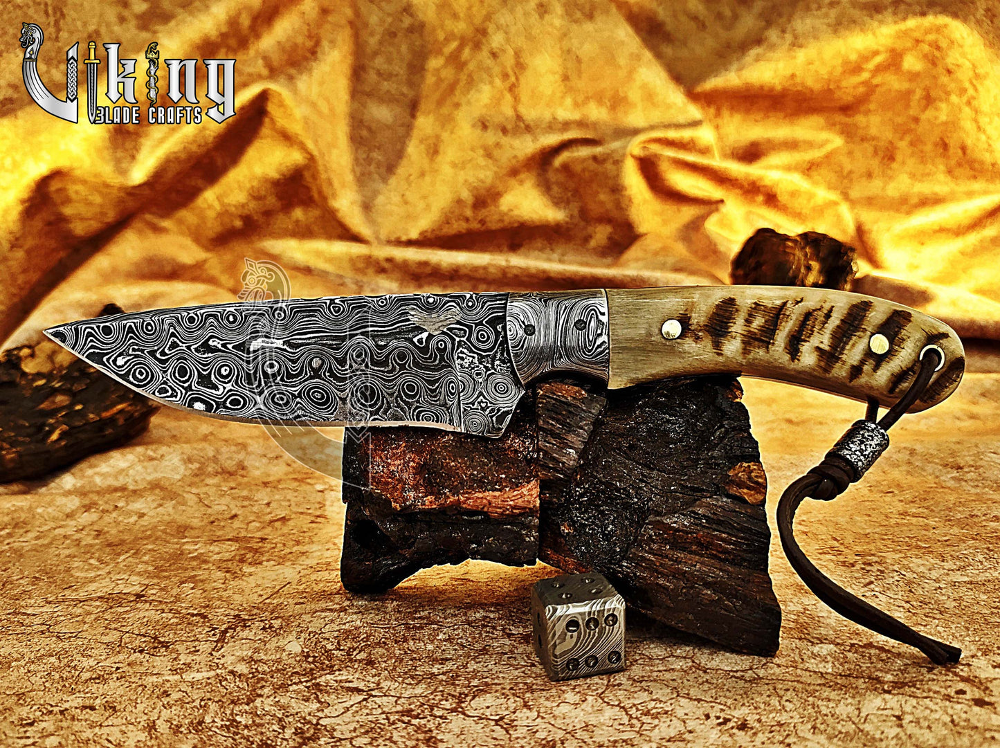 Damascus Steel Hunting & Camping Knife & Ram Horn Handle With Bolster