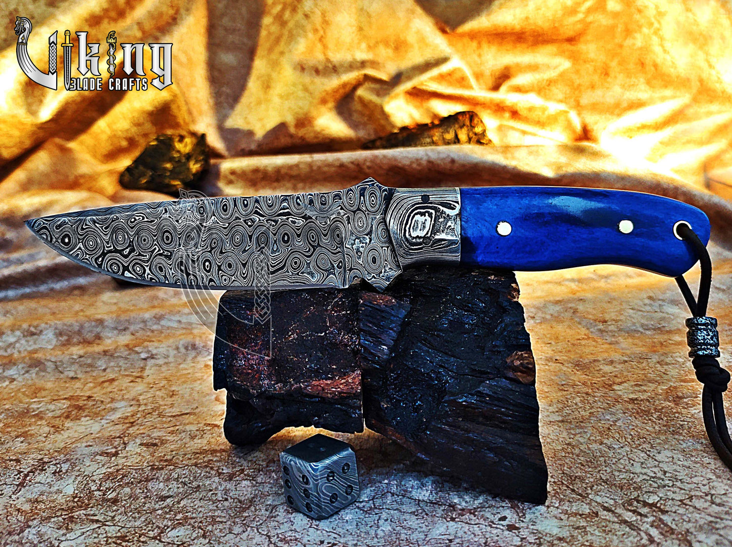 Handmade Damascus Hunting Knife With Stained Bone Handle & Bolster