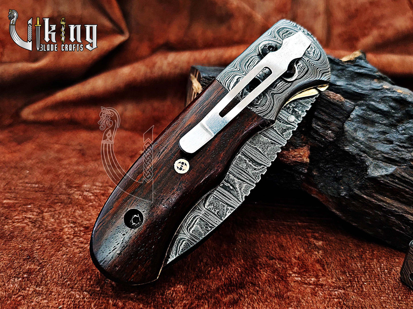 Hand-Forged Damascus Steel Folding Knife with Rosewood Handle
