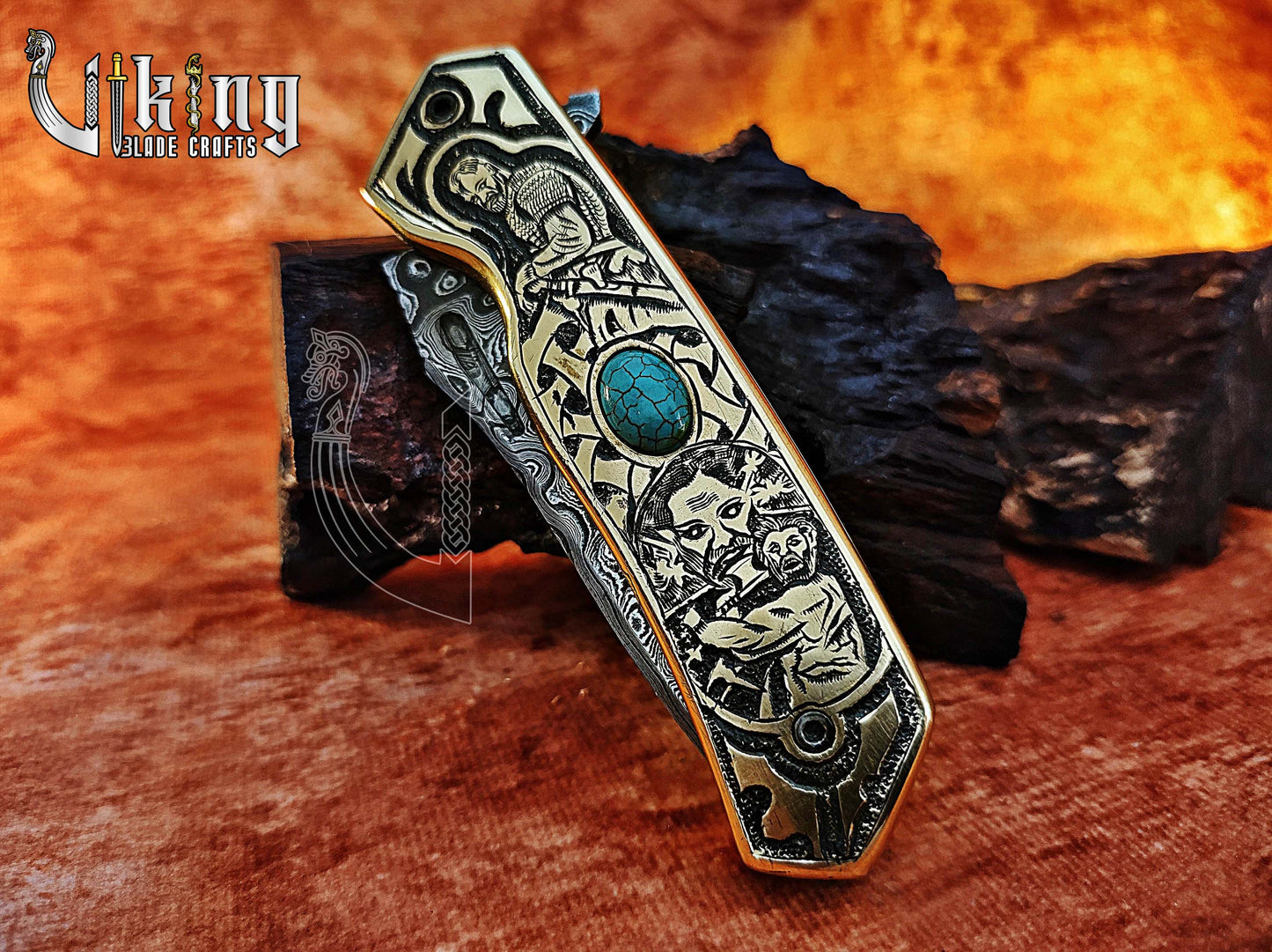 Forged Damascus Steel Blade Knife with Viking Floki Carved Handle.
