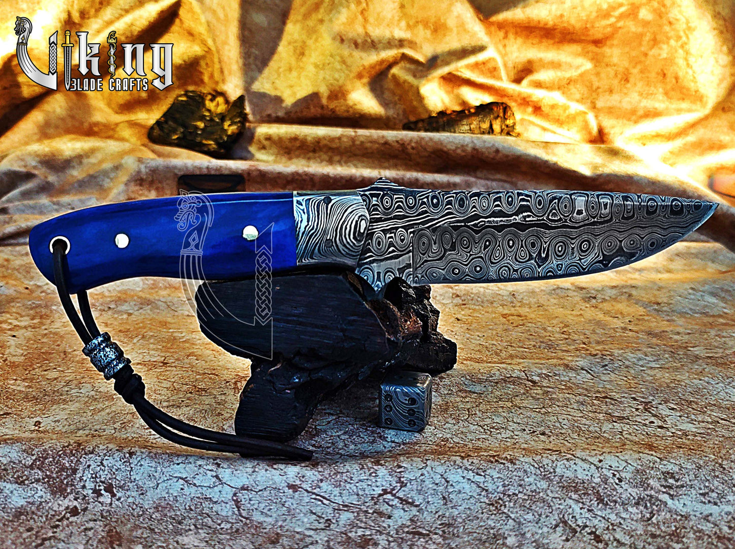 Handmade Damascus Hunting Knife With Stained Bone Handle & Bolster