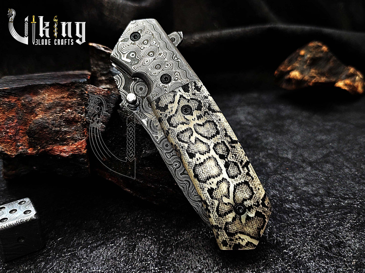 Damascus Steel Folding Pocket Knife With Damascus Clip and Bone Handle