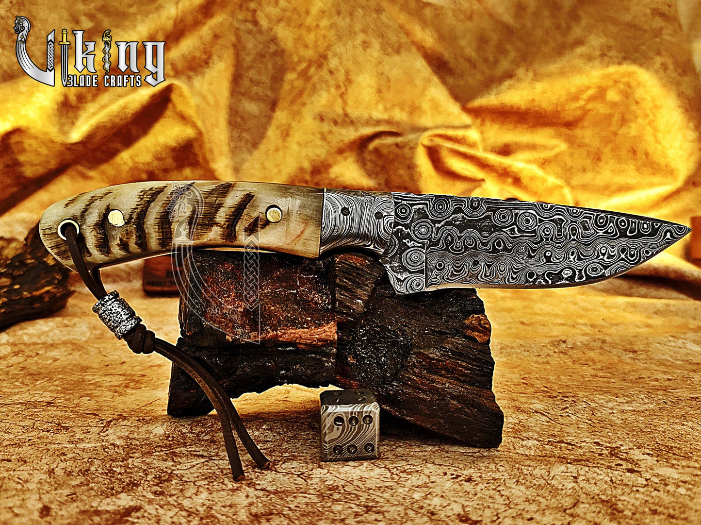 Damascus Steel Hunting & Camping Knife & Ram Horn Handle With Bolster