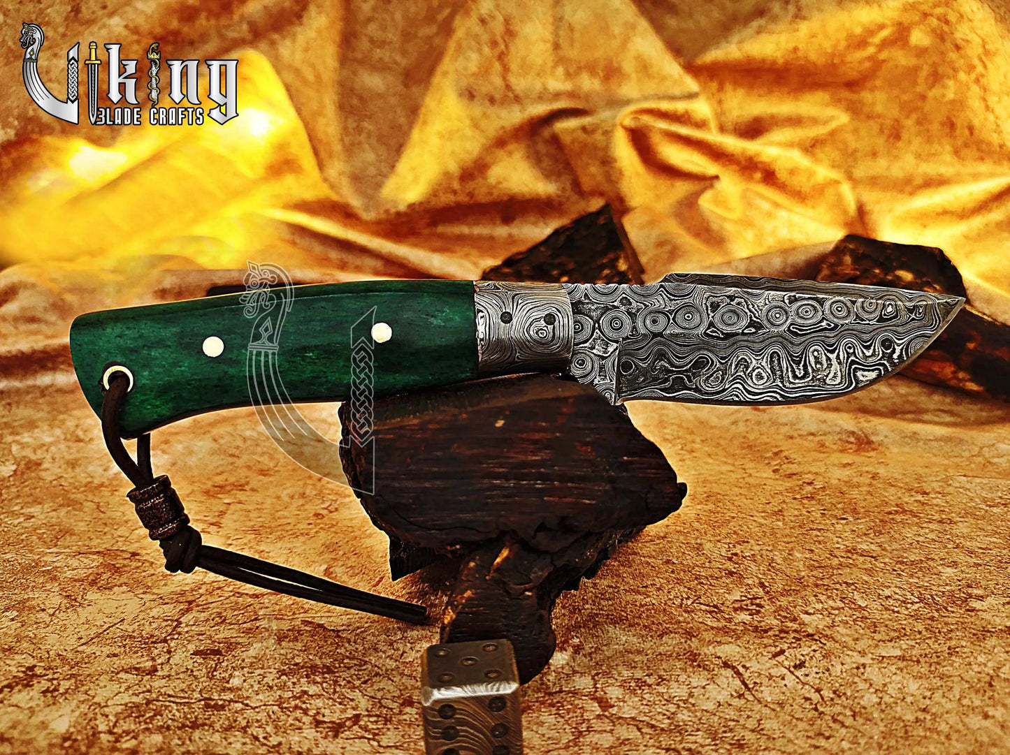Damascus Steel Fixed Blade Stained Bone Handle Hunting Knife With Bolster Viking_Blade_Crafts