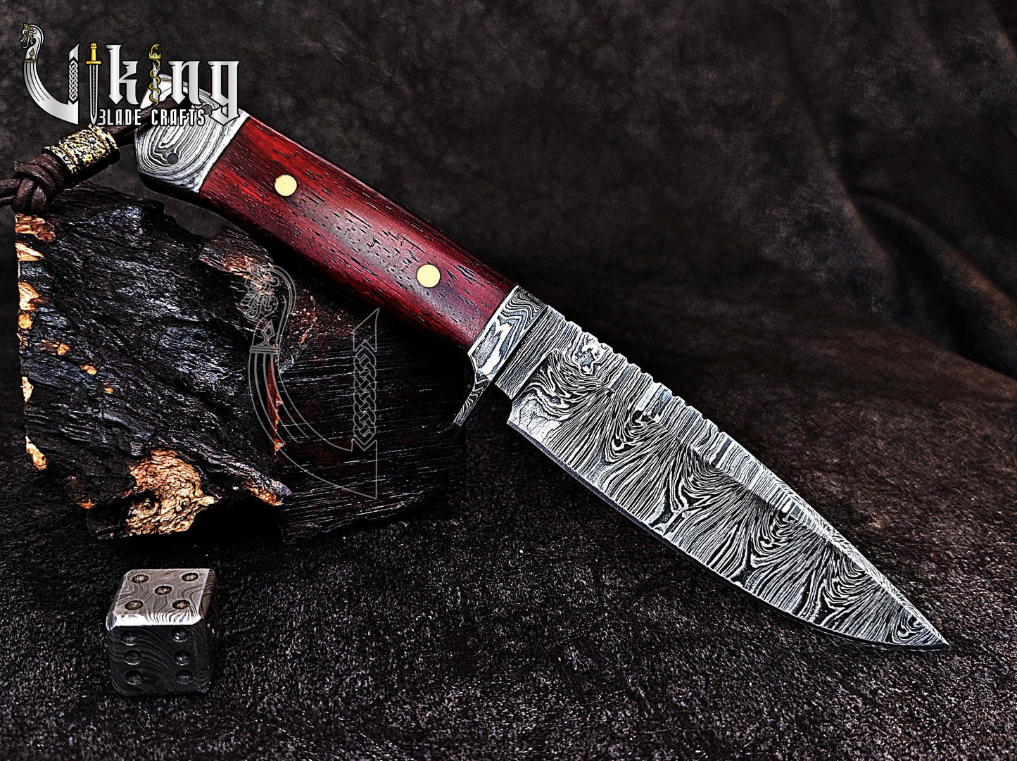 Damascus Steel Fixed Blade Bloodwood & Guard With Leather Sheath