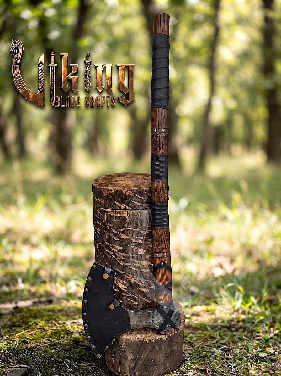 Hand-Forged 36" Viking Battle Axe with Leather Sheath