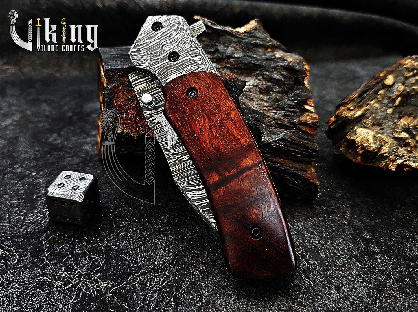 Damascus Steel Folding Pocket Knife With Sheath Rose Wood Handle
