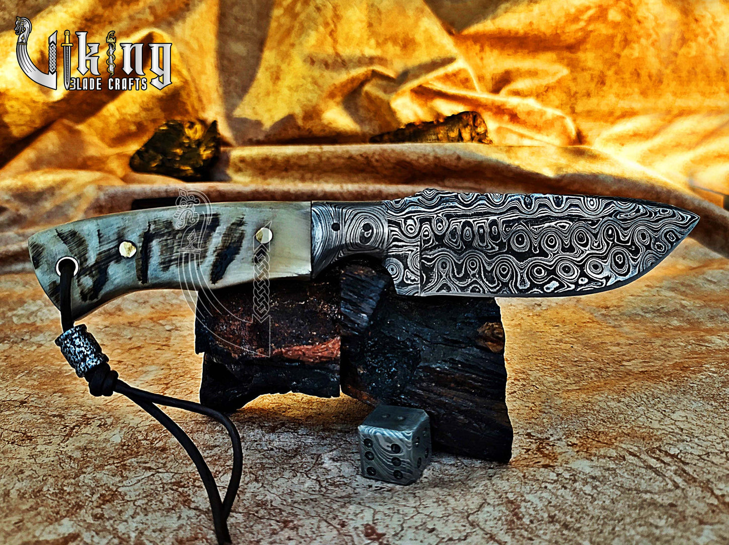 Forged Damascus Steel Hunting Knife Ram horn Handle & Damascus Bolster