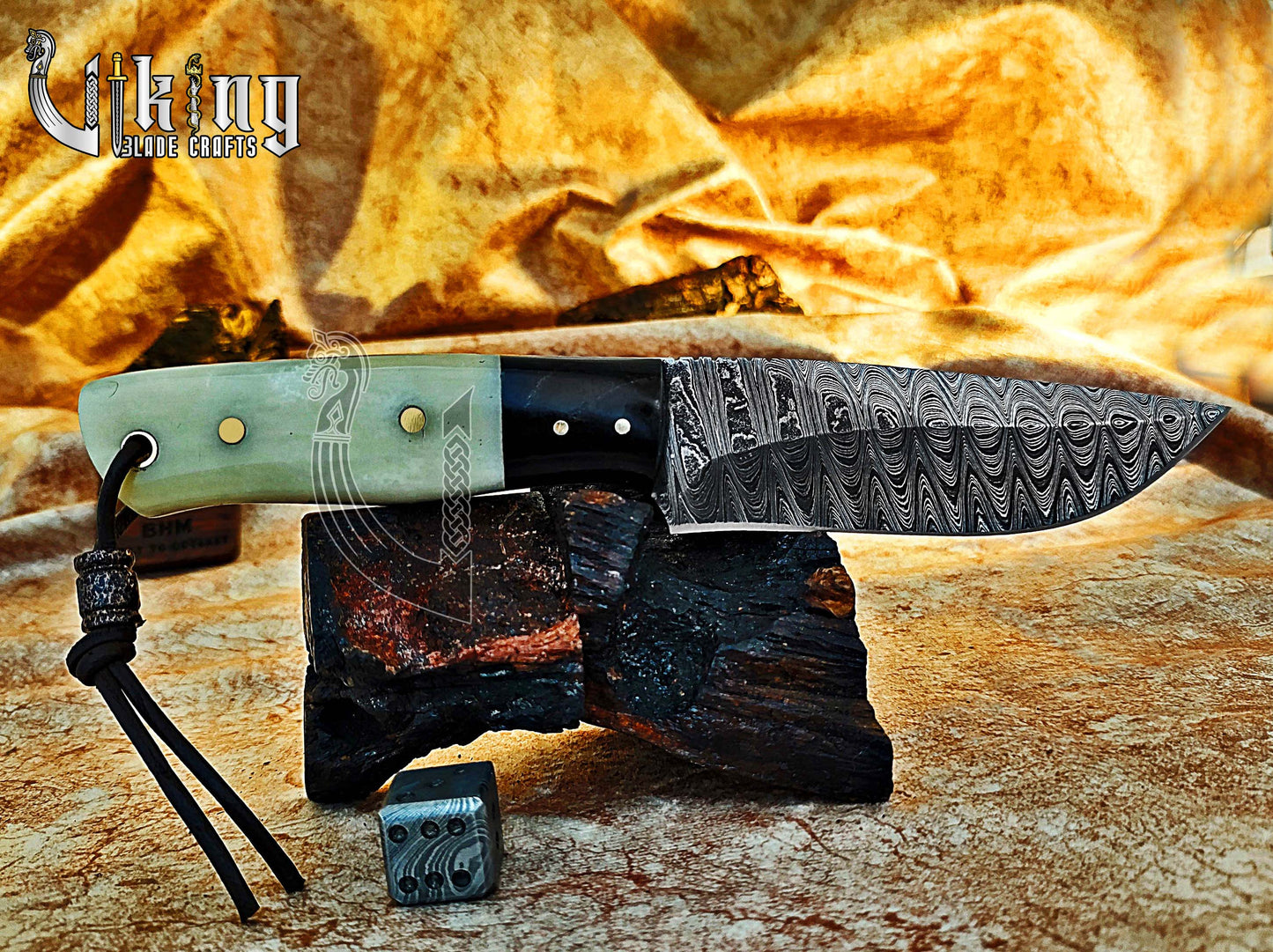 Damascus Steel Hunting Knife With Stained Bone & Buffalo Horn Handle