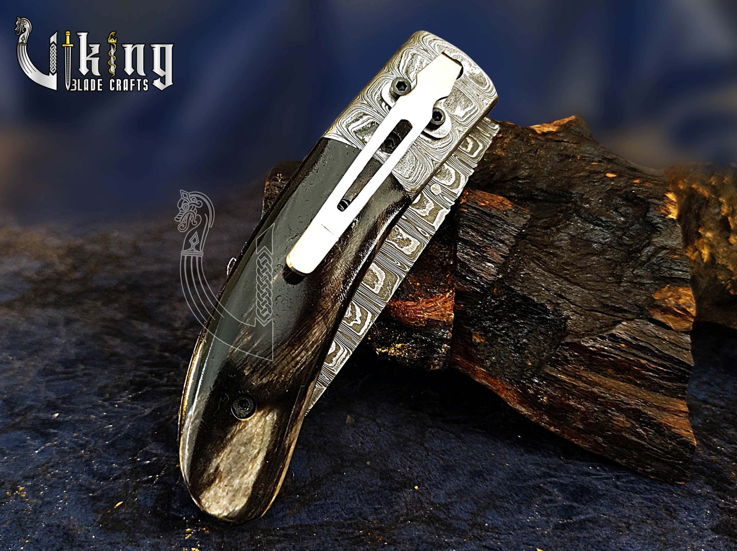 Damascus Folding Knife with Buffalo Horn Handle & Damascus Steel Clip