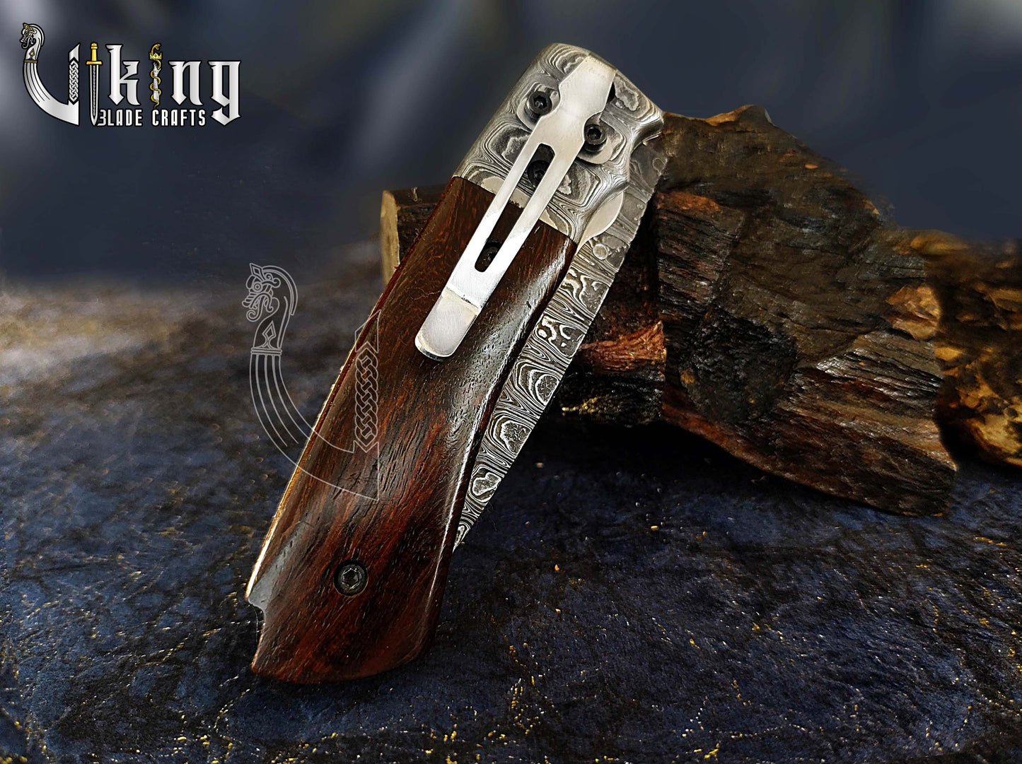 Handmade Damascus Folding Knife with Rosewood Handle & Pocket Clip