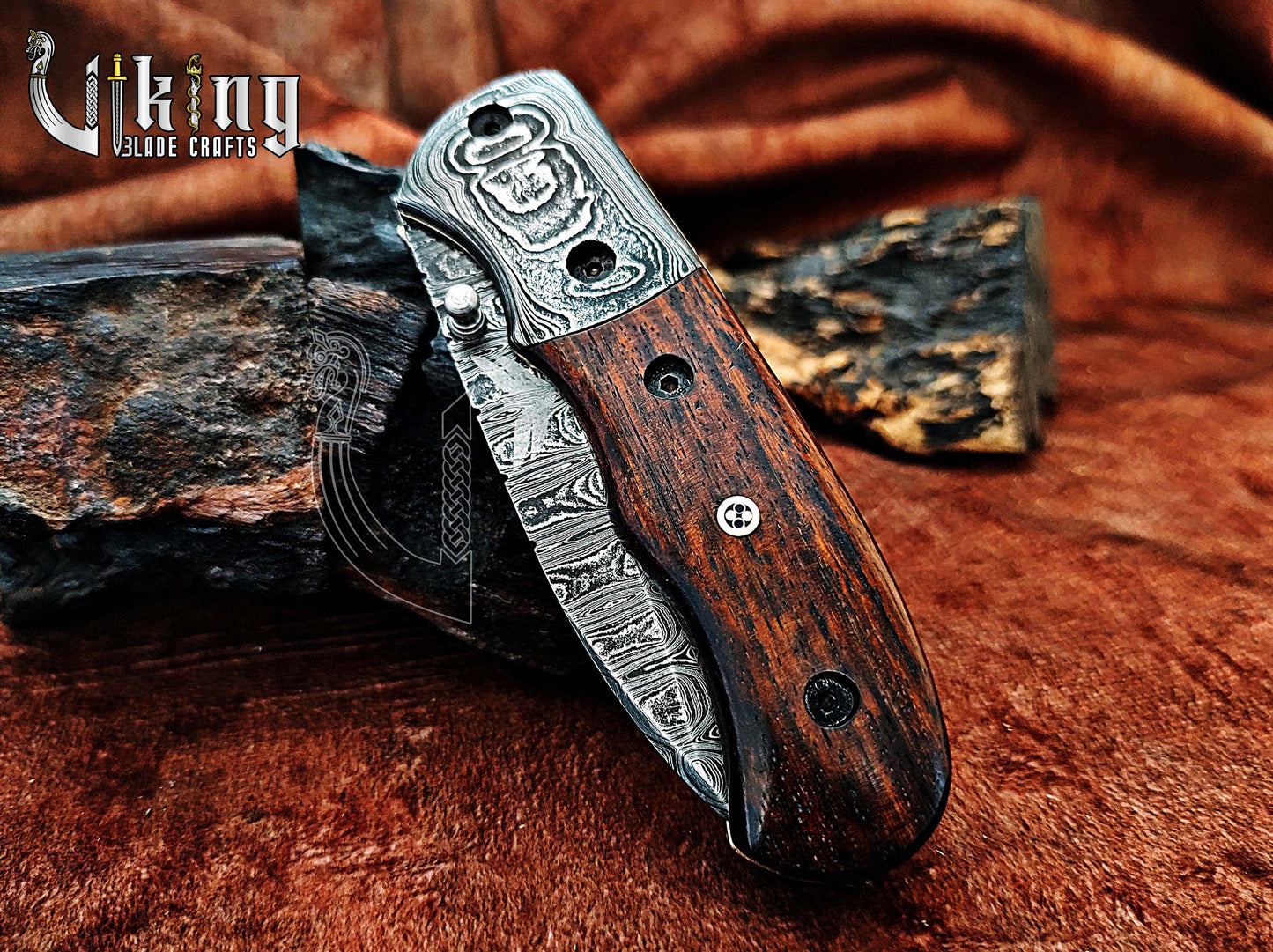 Hand-Forged Damascus Steel Folding Knife with Rosewood Handle
