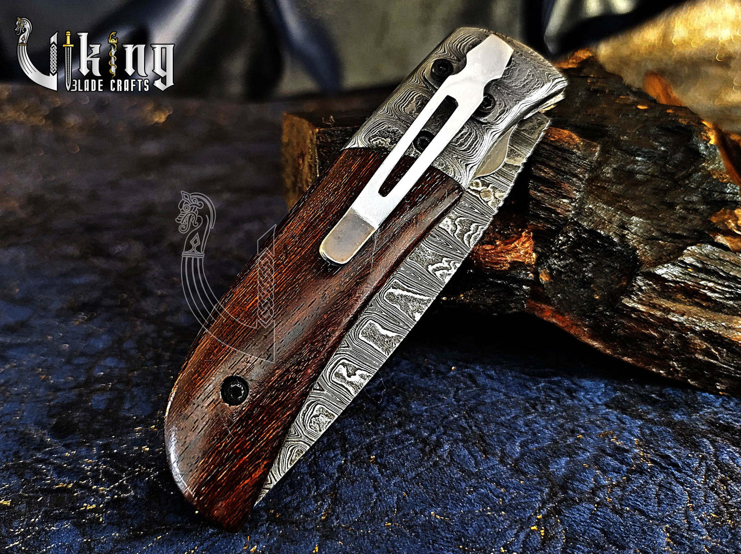 Handmade Damascus Steel Folding Knife with Rosewood Handle & Sheath