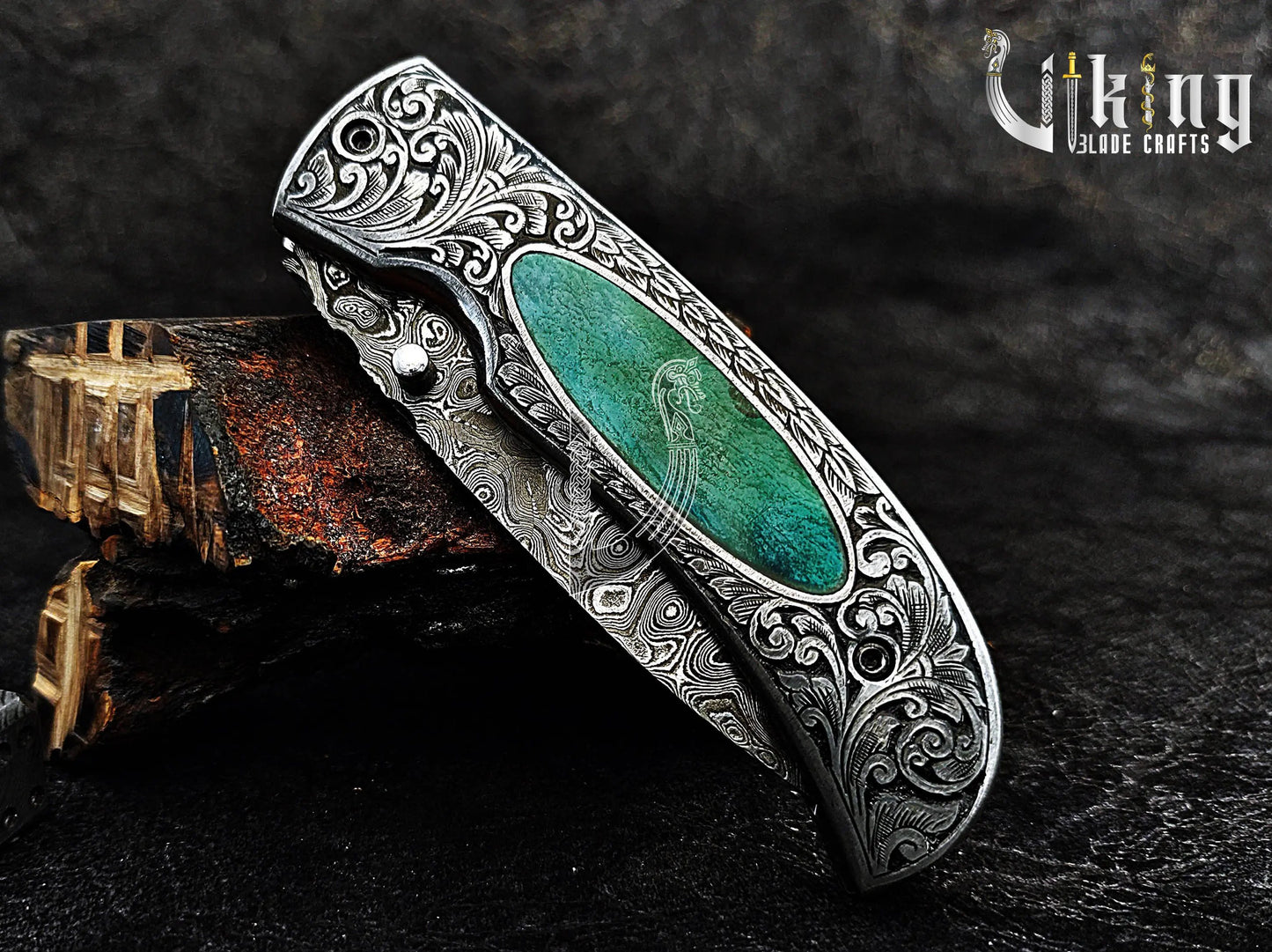 Hand-Carved Handle Damascus Folding Pocket Knife with Leather Sheath Viking_Blade_Crafts