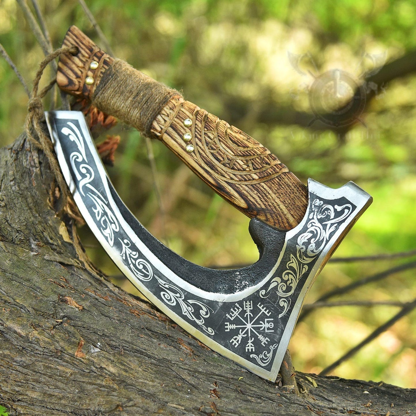 Vegvisir Design Blade Viking Pizza Slice Axe with Leather Sheath