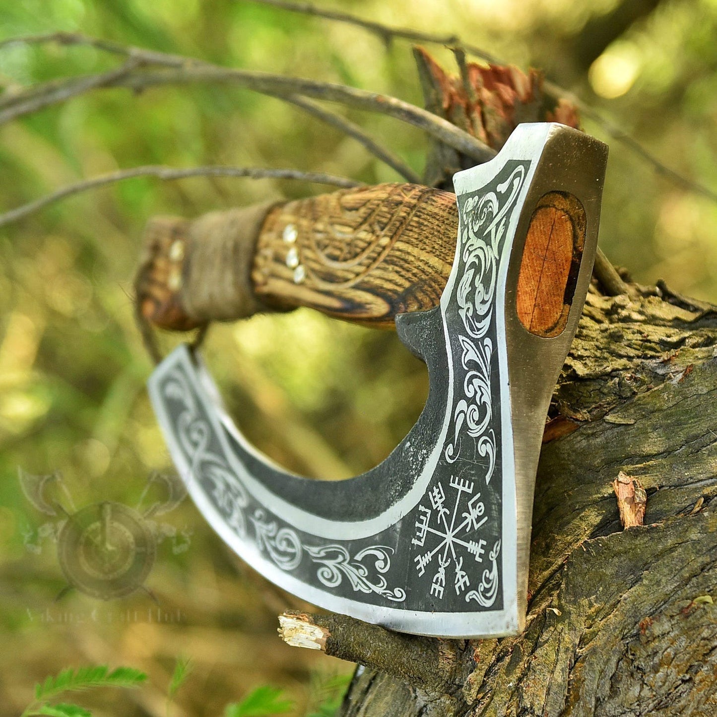 Vegvisir Design Blade Viking Pizza Slice Axe with Leather Sheath